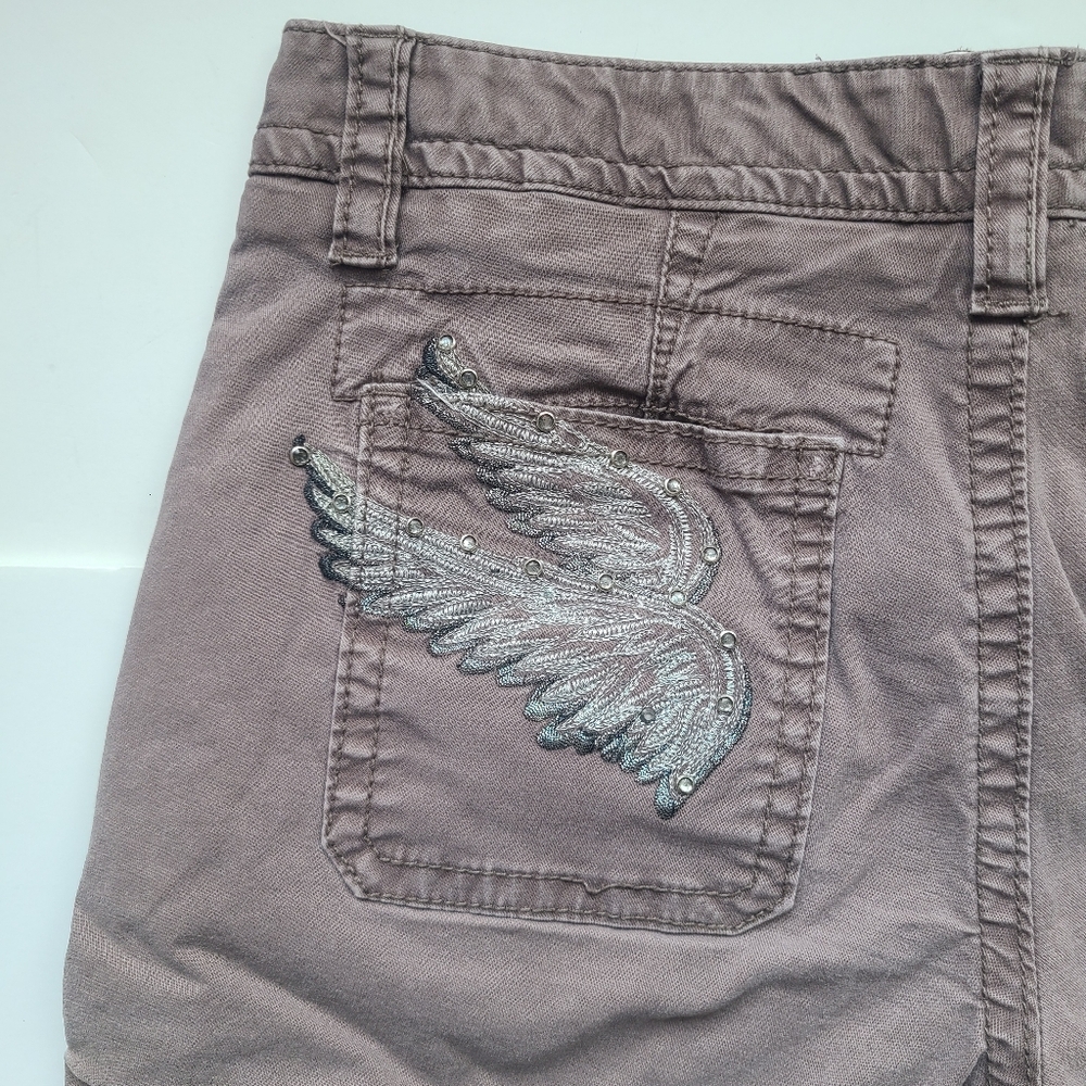 Miss Me Mauve Purple Cargo Denim Shorts Embroidered Wings Back Pockets - 28 - Picture 13 of 14